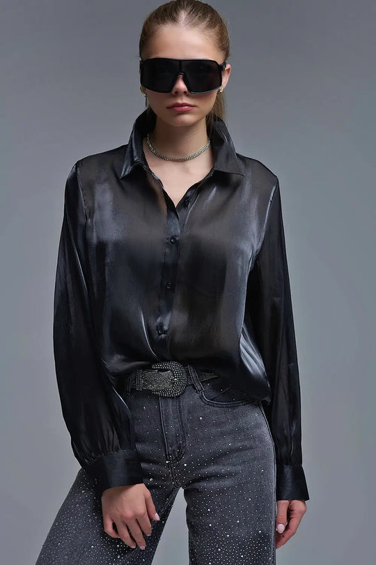 Q2 Chemise noire élégante en satin de soie