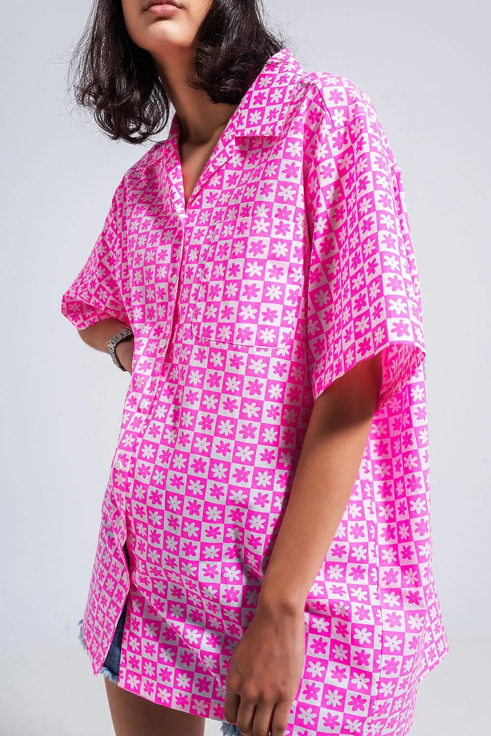Chemise oversize à manches courtes Rose éclatant - Vestidos