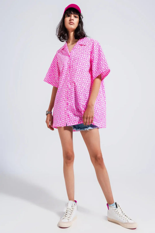 Chemise oversize à manches courtes Rose éclatant - Vestidos