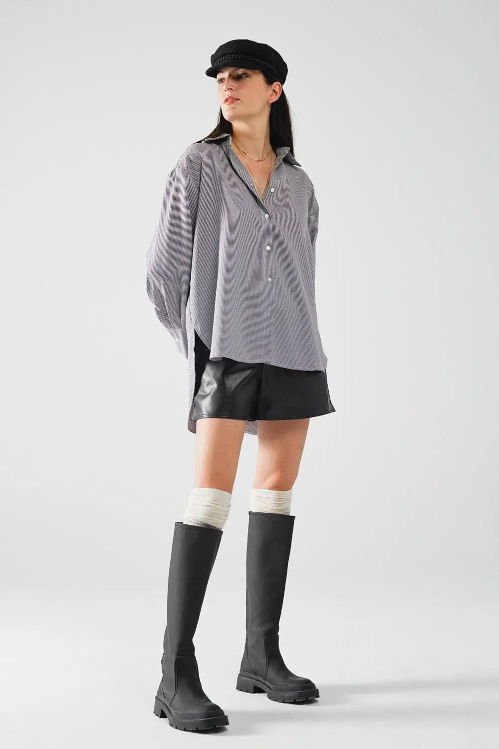 Chemise oversize en vichy avec nœud en noir et blanc - Tee-Shirt
