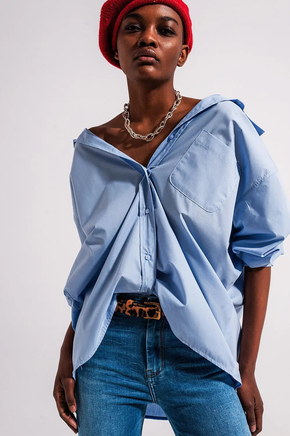 Chemise poplin oversize décontractée bleu - Tee-Shirt