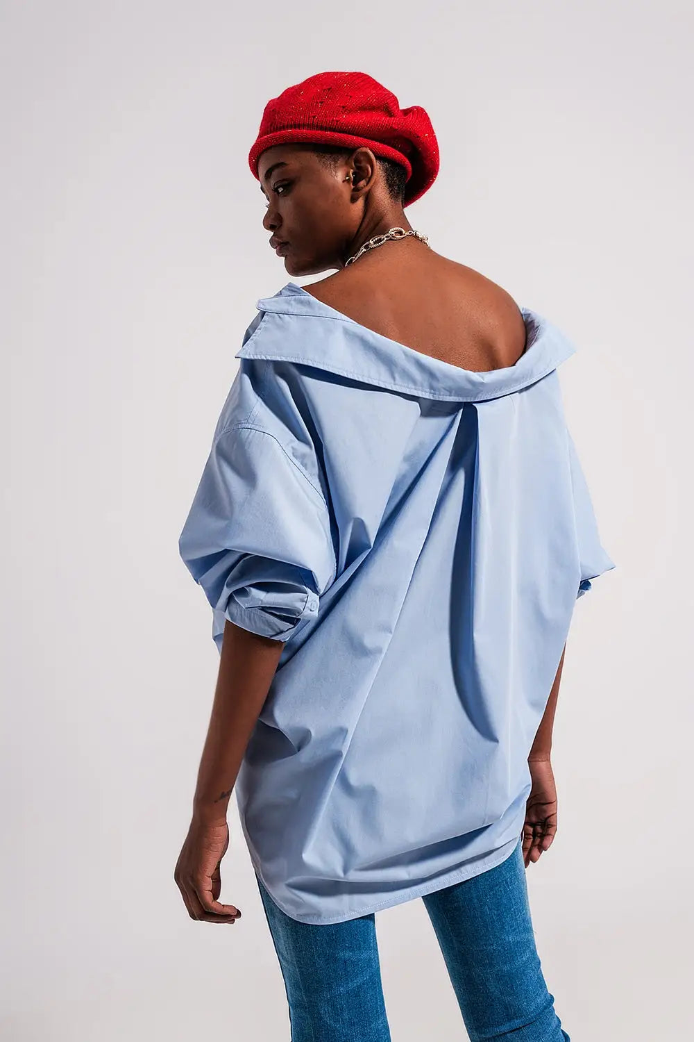 Chemise poplin oversize décontractée bleu - Tee-Shirt