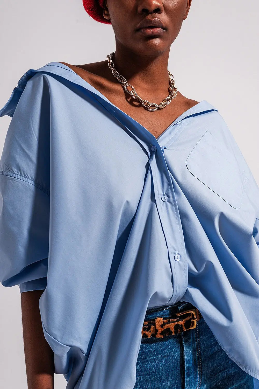 Chemise poplin oversize décontractée bleu - Tee-Shirt