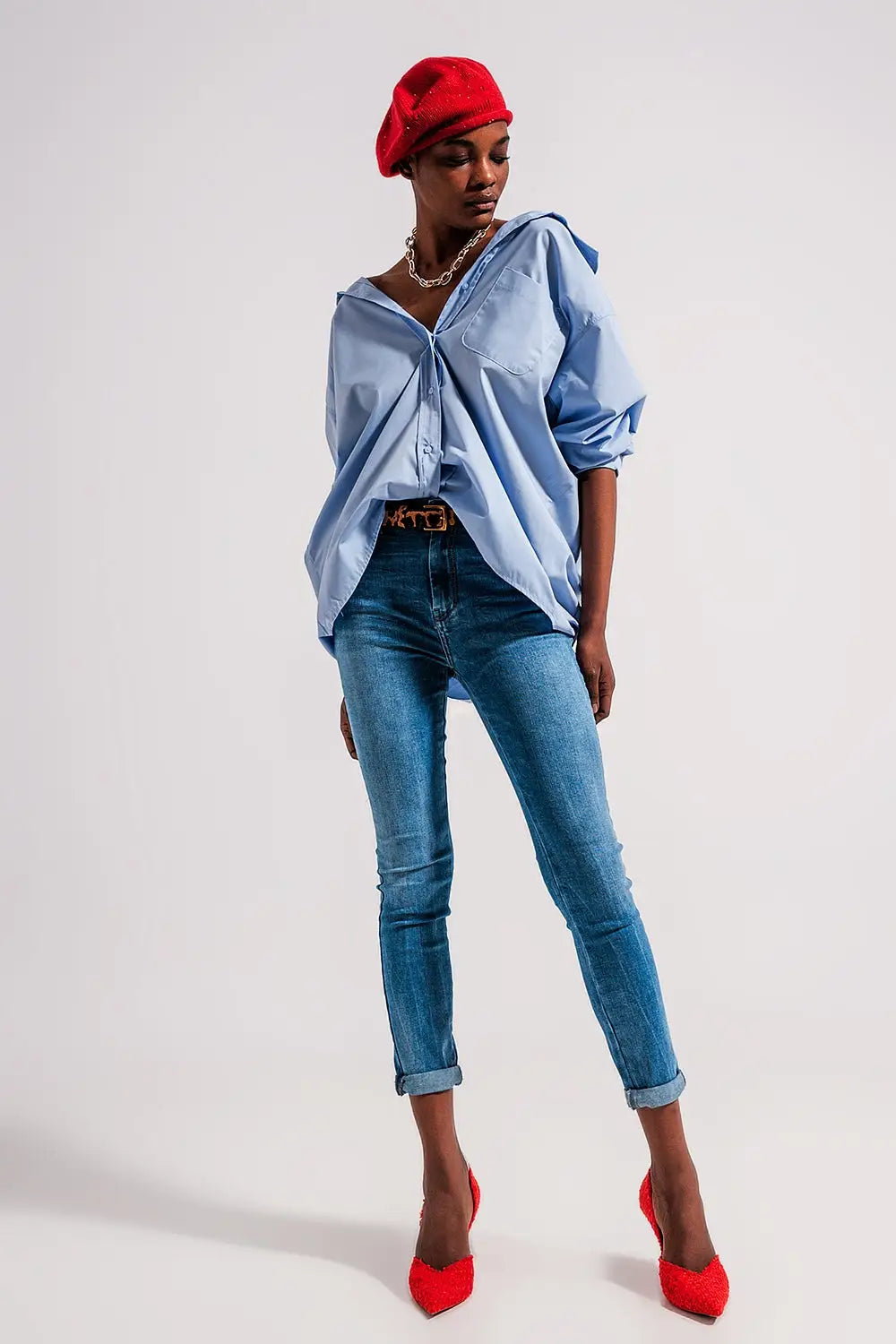 Chemise poplin oversize décontractée bleu - Tee-Shirt