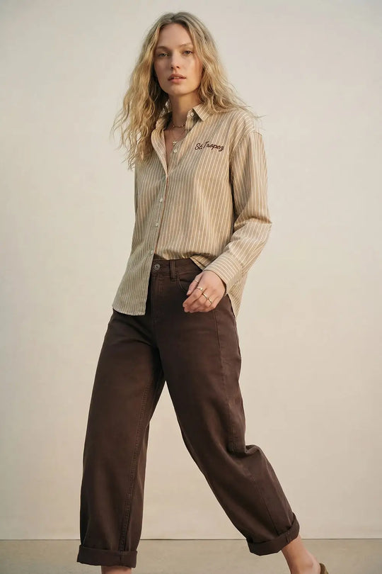 Chemise rayée Oxford beige avec broderie devant et derrière St. Tropez - Tee-Shirt