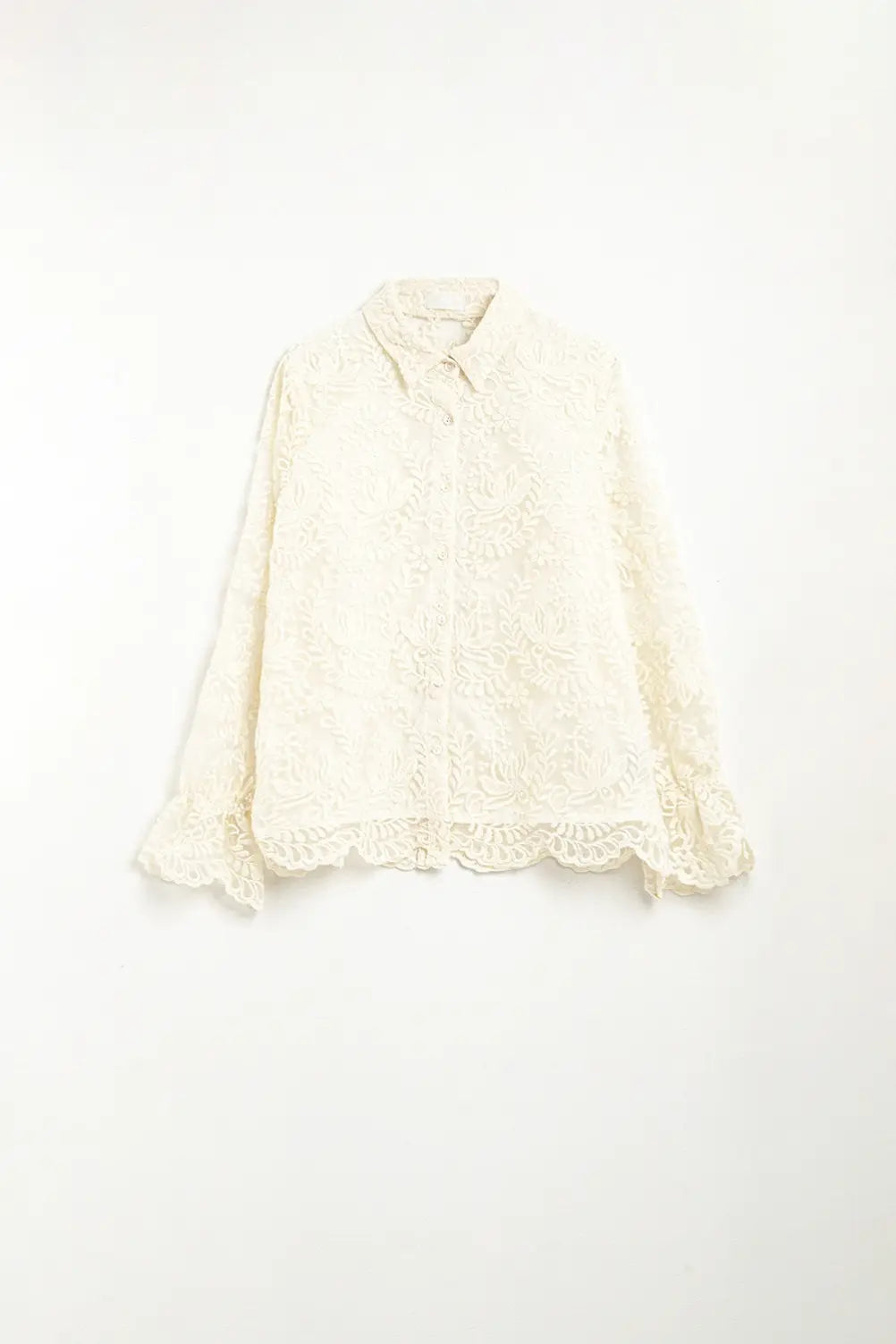 Chemise romantique en dentelle beige à manches ballon - Tee-Shirt