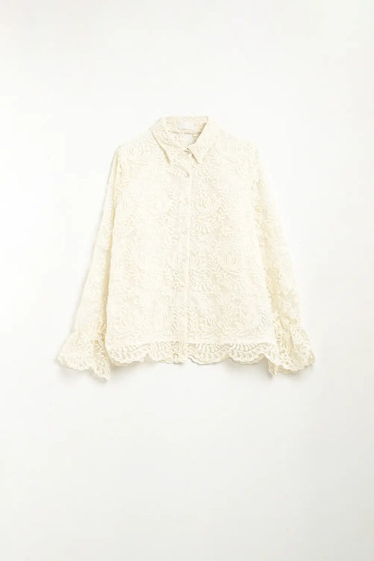 Chemise romantique en dentelle beige à manches ballon - Tee-Shirt