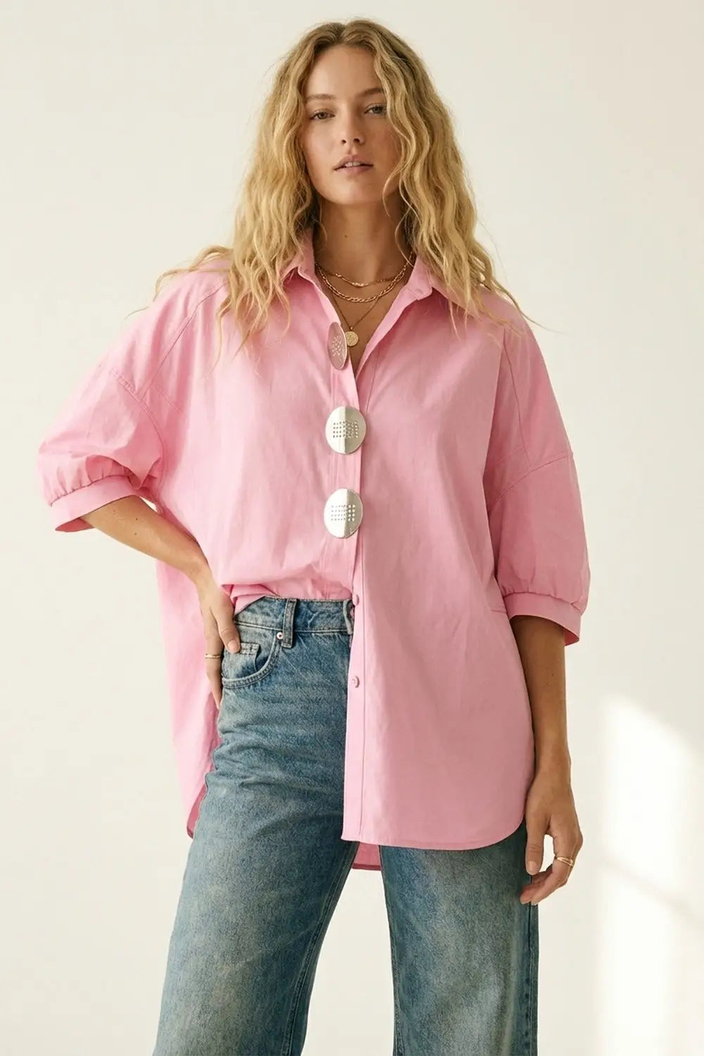 Chemise rose oversize à boutons argentés en popeline - One Size / rose - Tee-Shirt