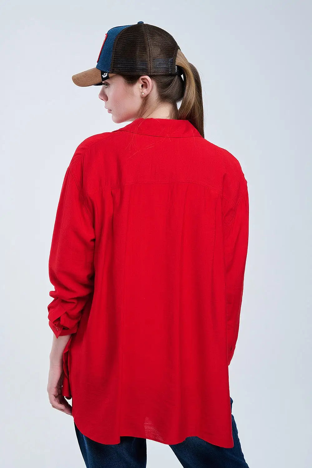Chemise rouge à coupe décontractée Manches 3/4 et ourlet plongeant - Tee-Shirt