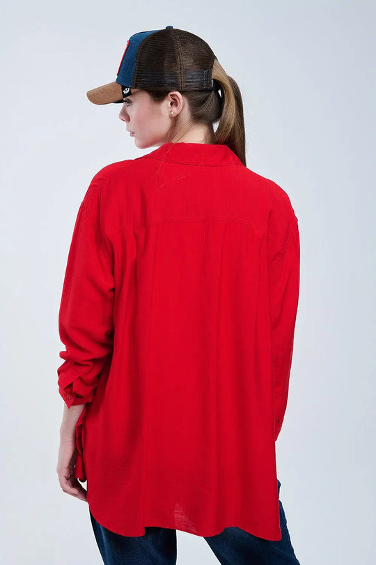Chemise rouge à coupe décontractée Manches 3/4 et ourlet plongeant - Tee-Shirt