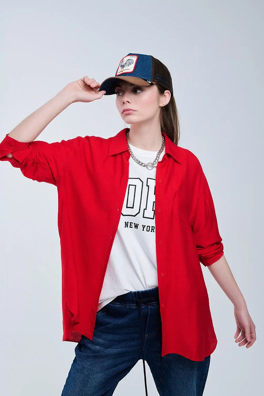 Chemise rouge à coupe décontractée Manches 3/4 et ourlet plongeant - Tee-Shirt