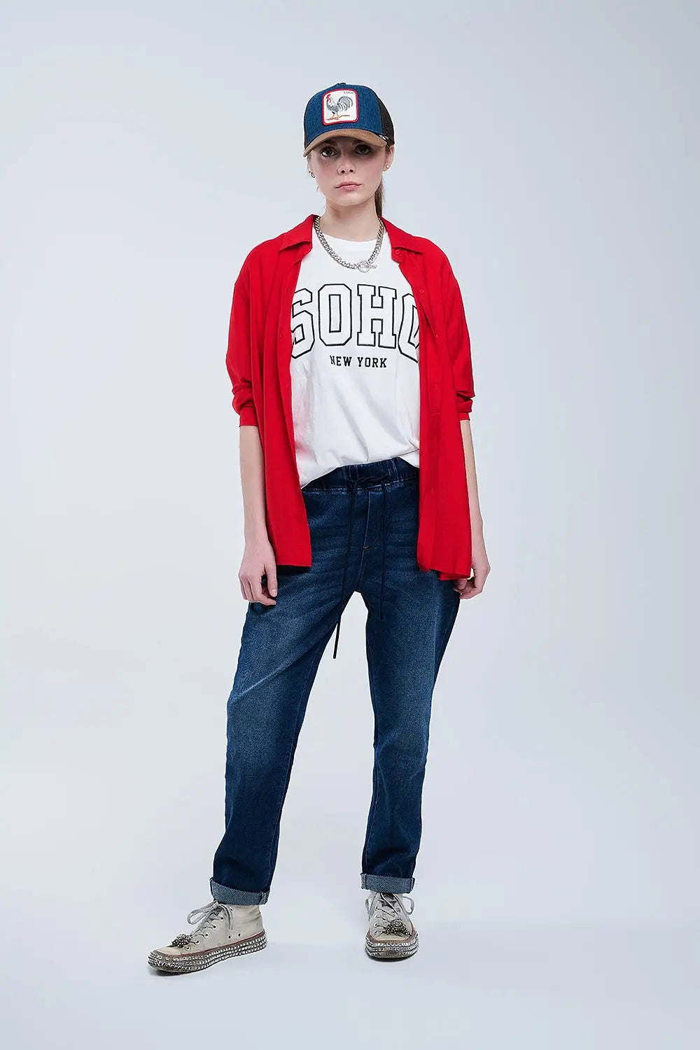 Chemise rouge à coupe décontractée Manches 3/4 et ourlet plongeant - Tee-Shirt
