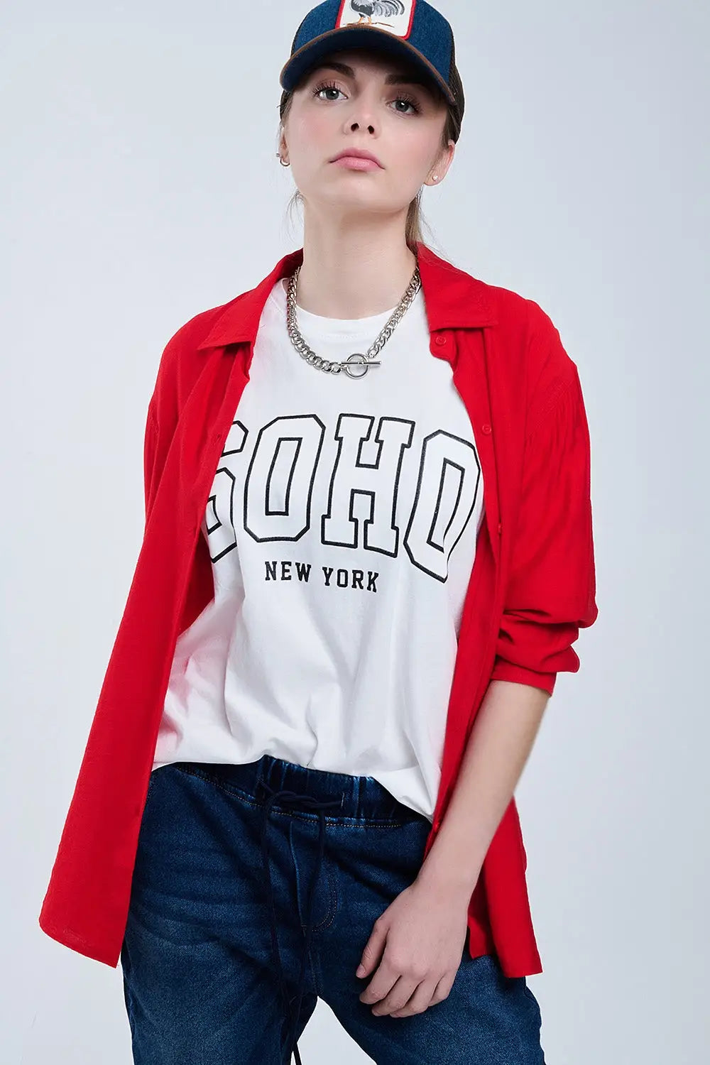 Chemise rouge à coupe décontractée Manches 3/4 et ourlet plongeant - Tee-Shirt