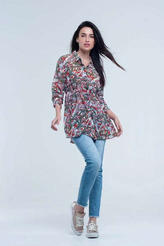 Chemise rouge à imprimé feuille et fleur - Tee-Shirt