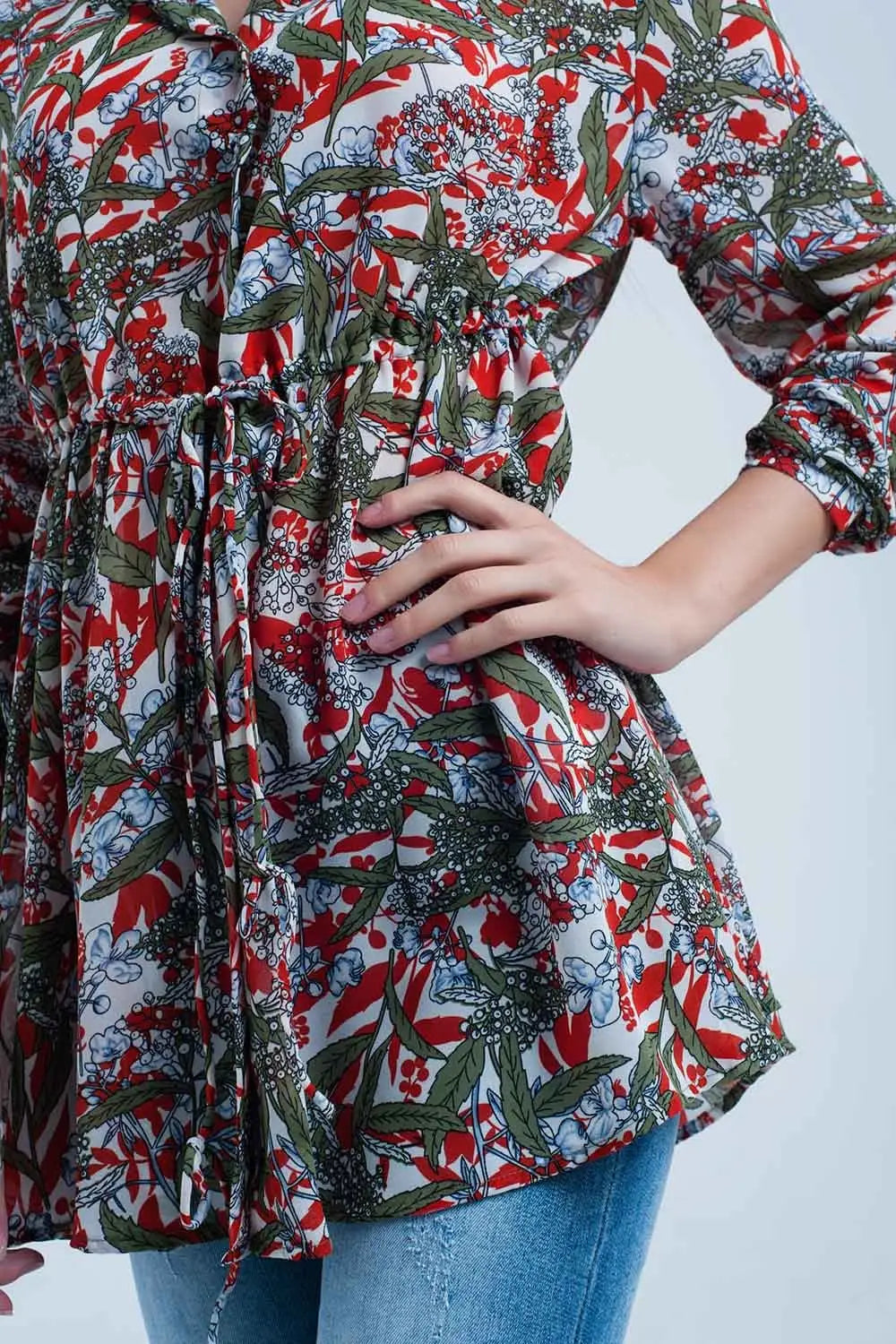 Chemise rouge à imprimé feuille et fleur - Tee-Shirt