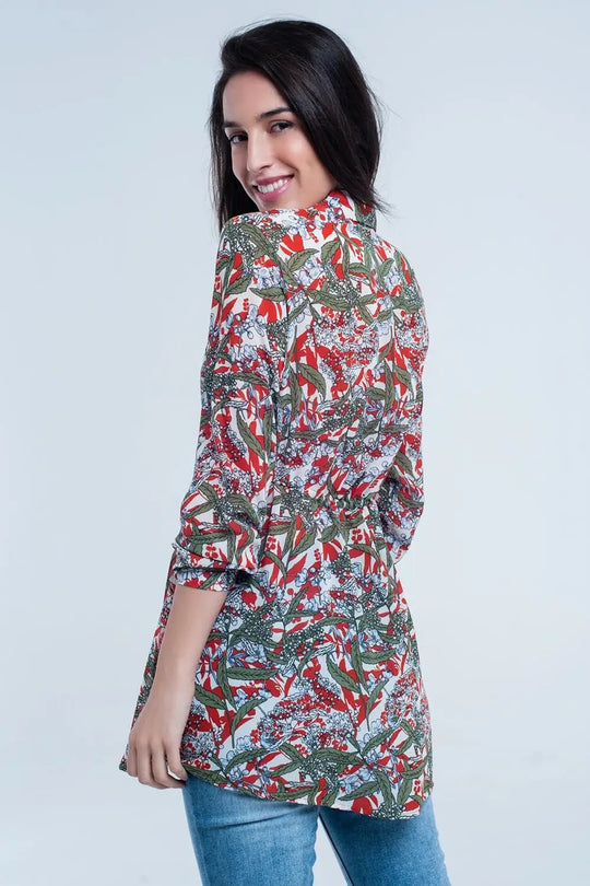 Chemise rouge à imprimé feuille et fleur - Tee-Shirt
