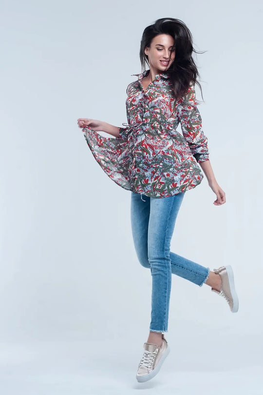 Chemise rouge à imprimé feuille et fleur - Tee-Shirt