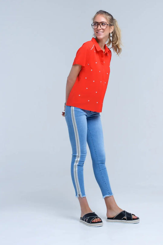 Chemise rouge avec broderie coeur - Tee-Shirt