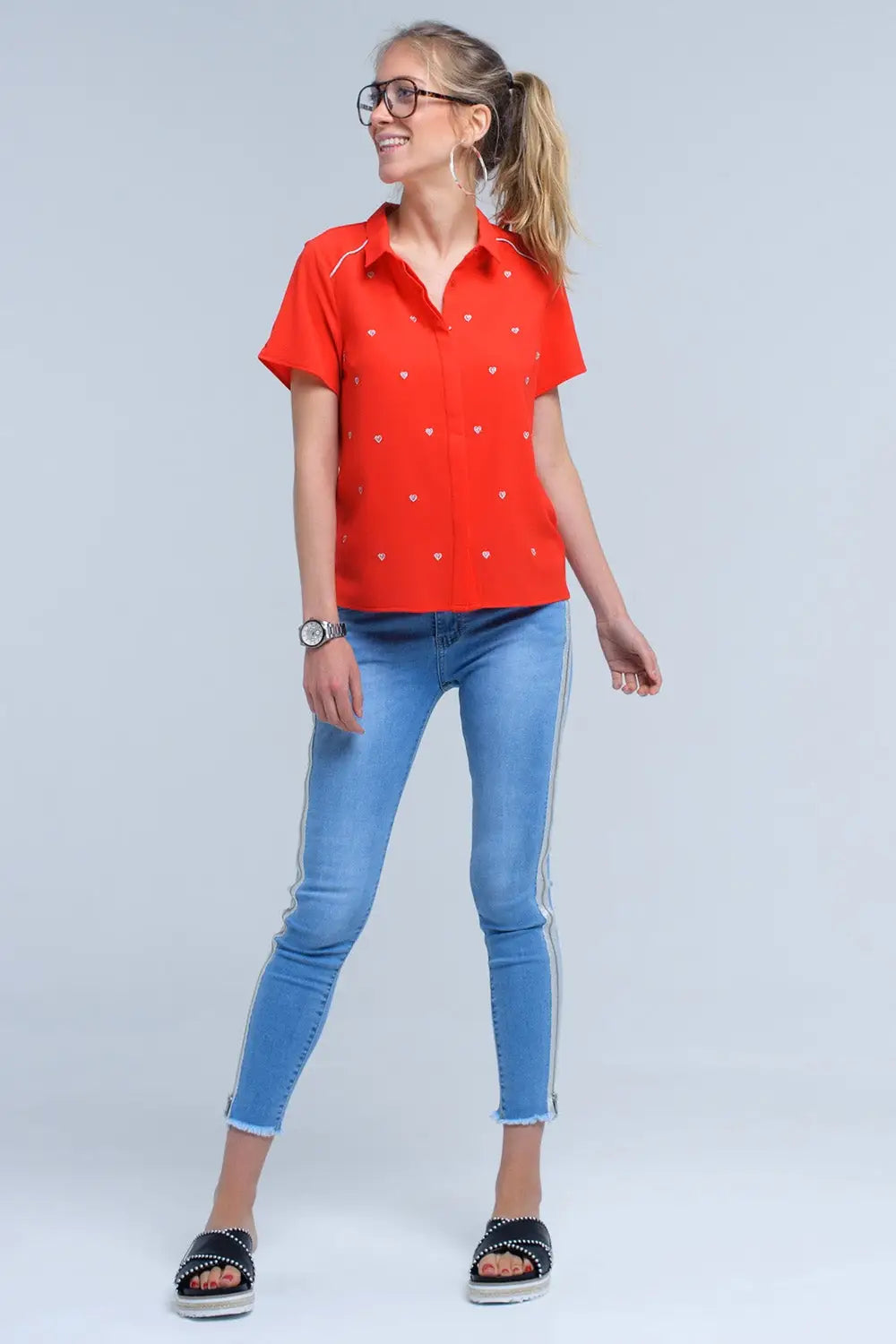 Chemise rouge avec broderie coeur - Tee-Shirt