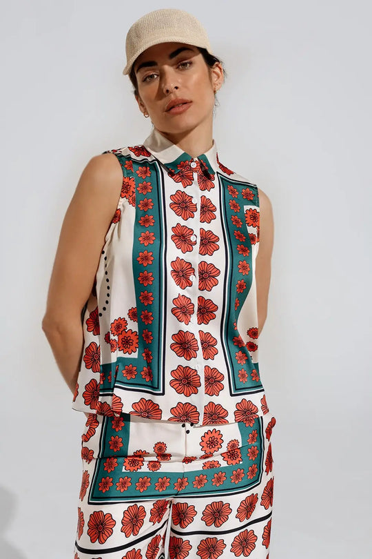 Chemise sans manches en crème à motifs floraux - Tee-Shirt
