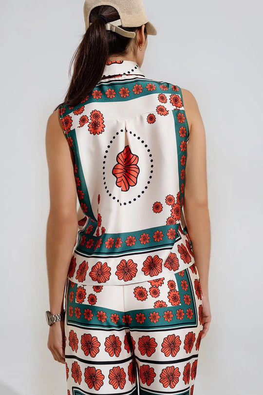 Chemise sans manches en crème à motifs floraux - Tee-Shirt