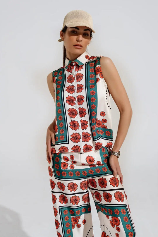 Chemise sans manches en crème à motifs floraux - Tee-Shirt