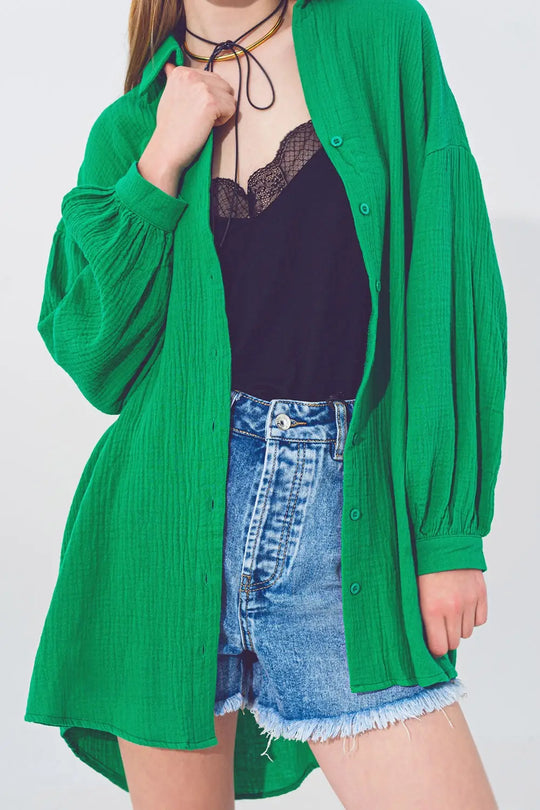 Chemise Texturée à Coupe Ample en Vert - Tee-Shirt