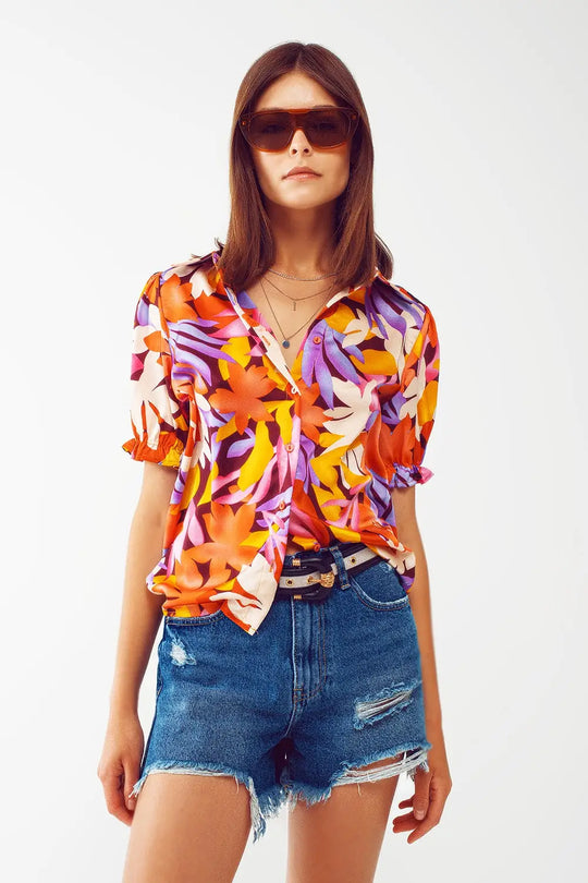 Chemisier à imprimé floral avec manches élastiquées - Tee-Shirt