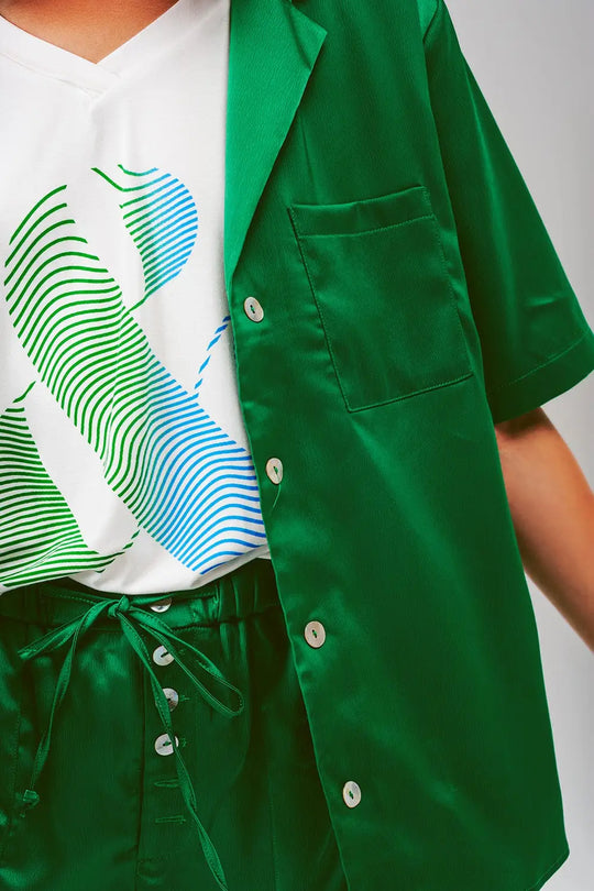 Chemisier à manches courtes en satin vert - Tee-Shirt