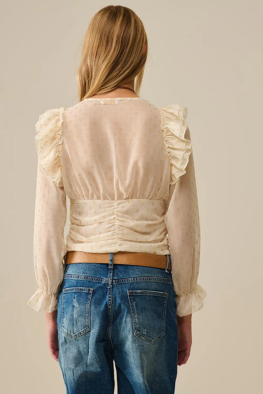 Chemisier beige à pois dorés et à volants - Tee-Shirt