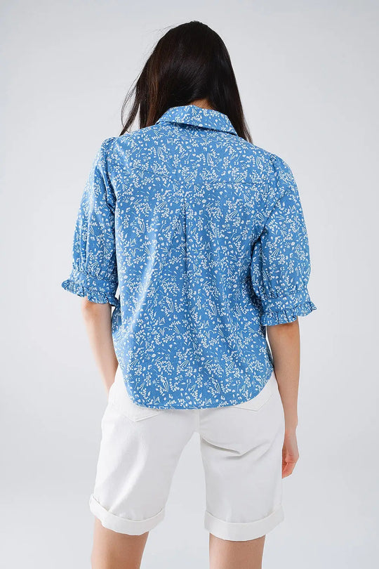 Chemisier bleu à motifs floraux et manches courtes - Tee-Shirt