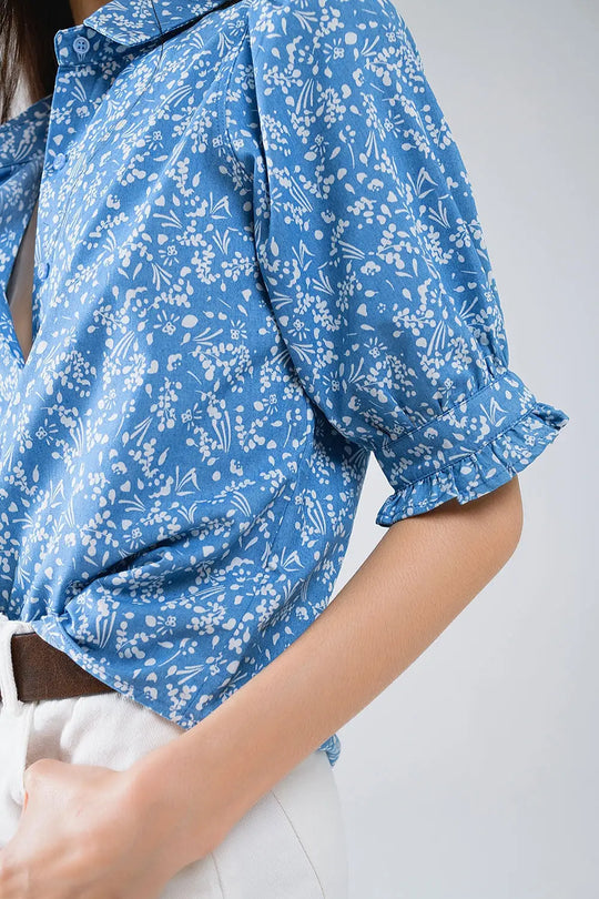 Chemisier bleu à motifs floraux et manches courtes - Tee-Shirt