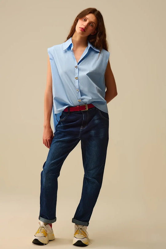 Chemisier bleu sans manches avec boutons en forme de cœur - Tee-Shirt