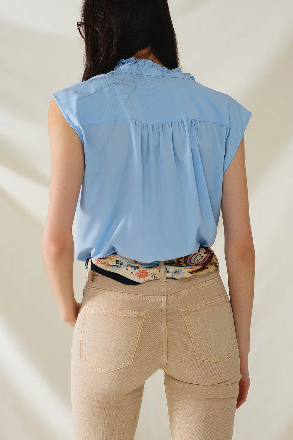 Chemisier boutonné bleu sans manches à col Mao - Tee-Shirt