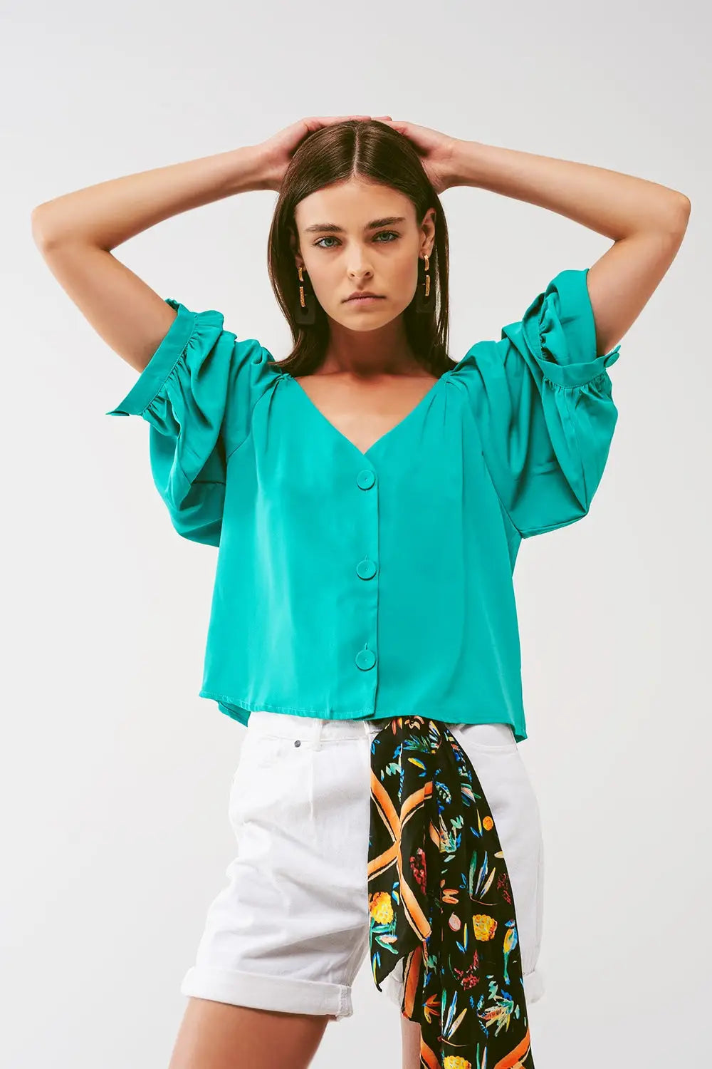Chemisier court boutonné en vert - Tee-Shirt