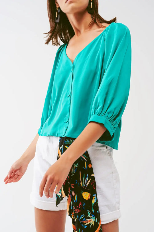 Chemisier court boutonné en vert - Tee-Shirt