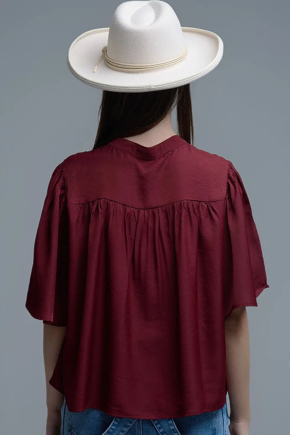 Chemisier décontracté de style bohème couleur vin avec détails brodés - Tee-Shirt