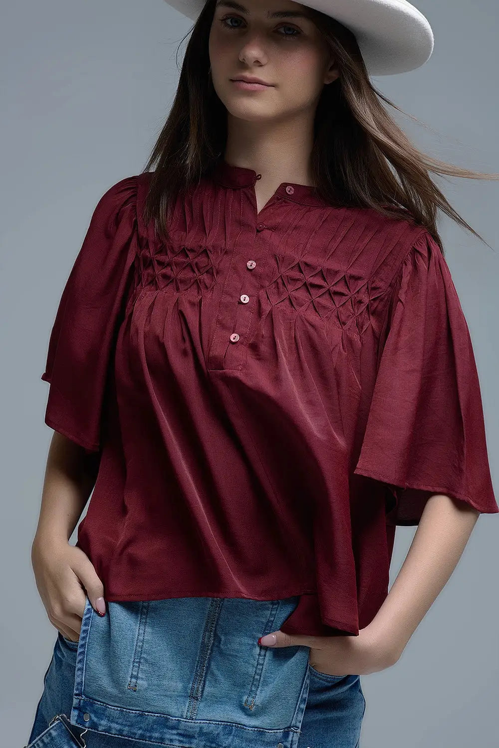 Chemisier décontracté de style bohème couleur vin avec détails brodés - Tee-Shirt