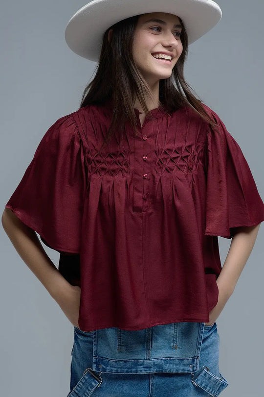 Q2 Chemisier décontracté de style bohème couleur vin avec détails brodés