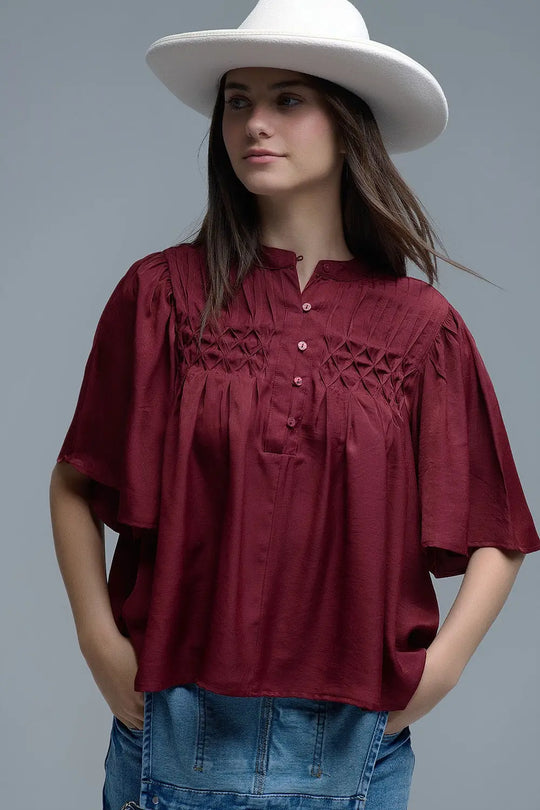Chemisier décontracté de style bohème couleur vin avec détails brodés - Tee-Shirt