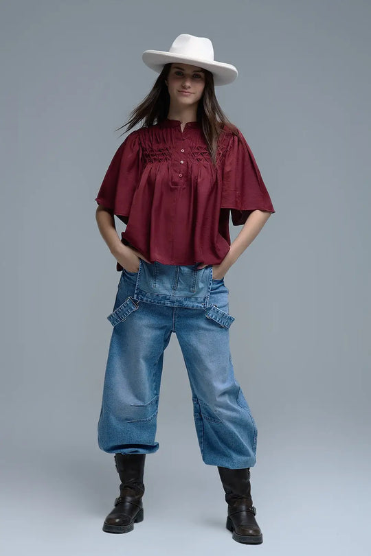 Chemisier décontracté de style bohème couleur vin avec détails brodés - Tee-Shirt