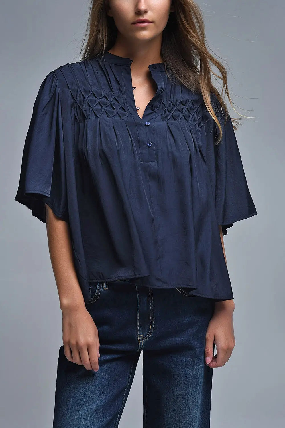 Q2 Chemisier décontracté de style bohème en marine avec détails brodés