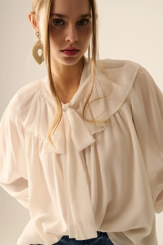 Chemisier en chiffon beige avec détail de nœud - Tee-Shirt