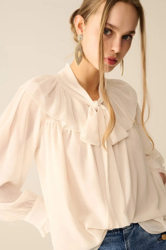 Chemisier en chiffon beige avec détail de nœud - Tee-Shirt