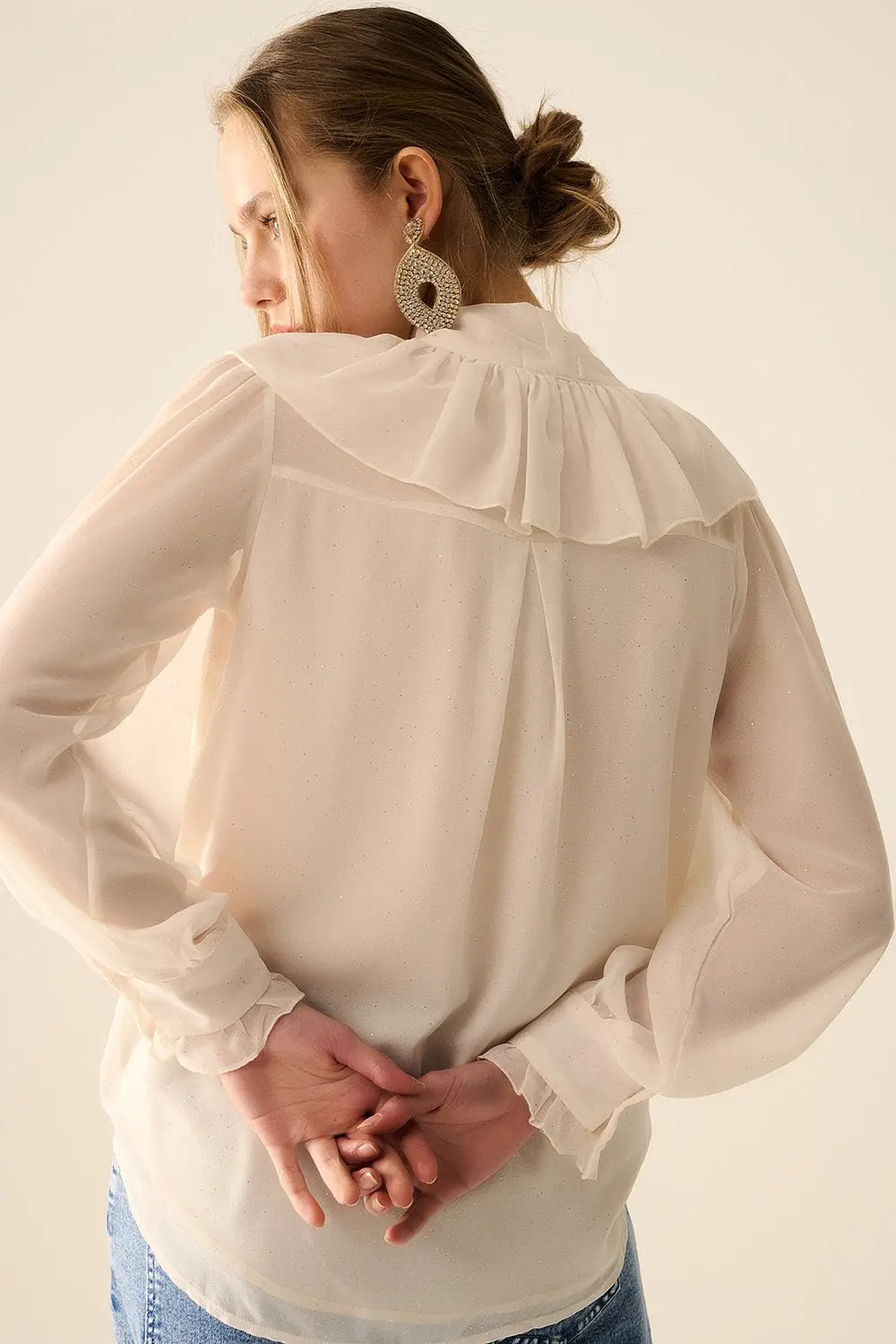 Chemisier en chiffon beige avec détail de nœud - Tee-Shirt