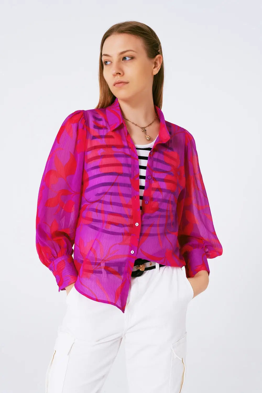 chemisier en mousseline à imprimé floral fuchsia - Tee-Shirt