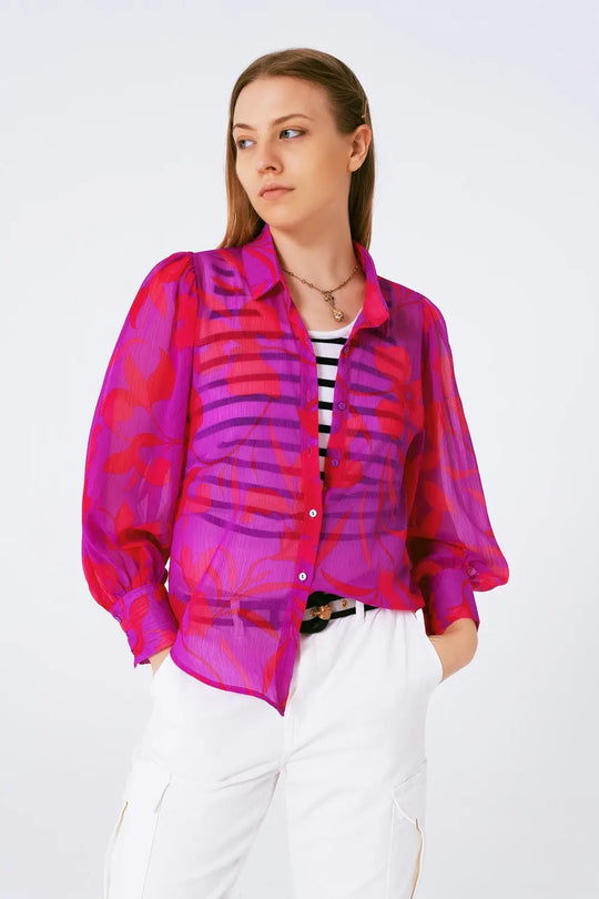 chemisier en mousseline à imprimé floral fuchsia - Tee-Shirt