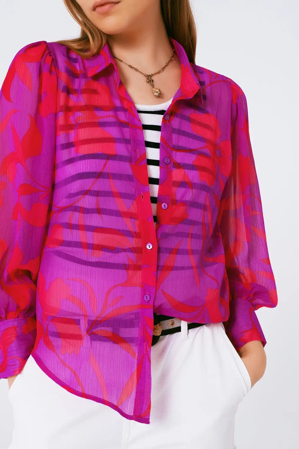 chemisier en mousseline à imprimé floral fuchsia - Tee-Shirt