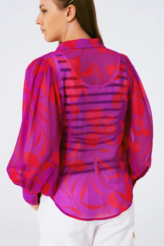 chemisier en mousseline à imprimé floral fuchsia - Tee-Shirt