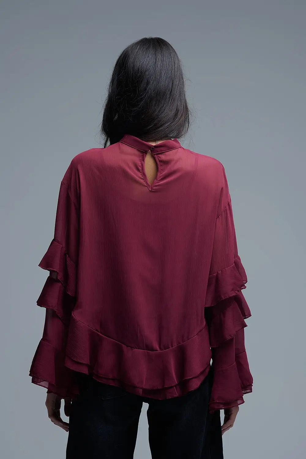 Chemisier en mousseline de soie à volants style cape de couleur bourgogne - Tee-Shirt
